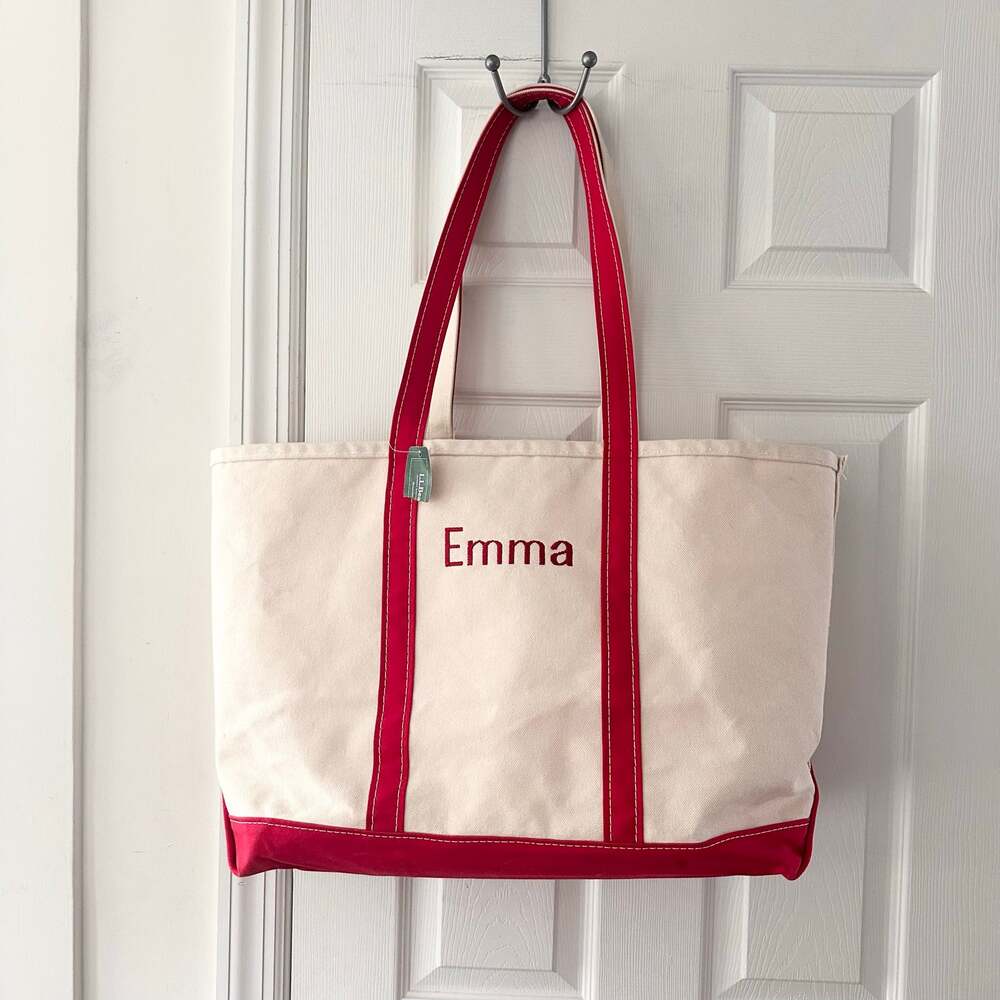 LL Bean Vintage Large Boat and Tote Open Canvas Long Strap Bag Red Trim Emma